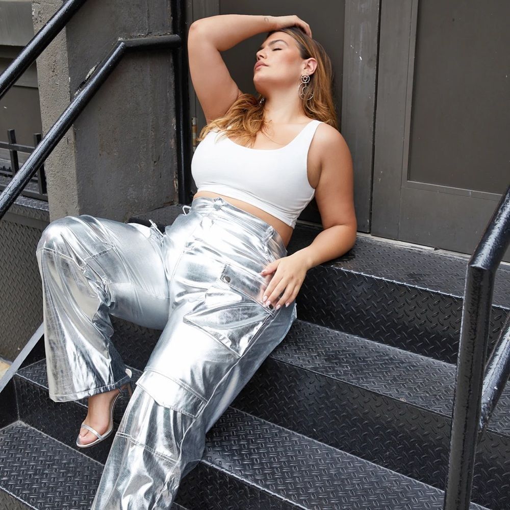 ((She's BACK 1X Available))LENA METALLIC WIDE LEG CARGO PANTS - SILVER CROC